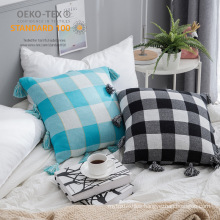 wholesale handmade pillowcase Plaid printed pillow cushion cover with tassel